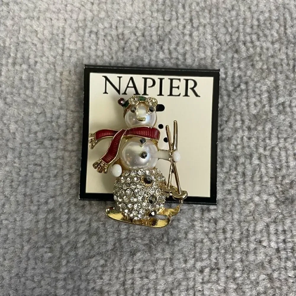 New Napier Gold Tone Skiing Snowman with Christmas Colors Pin Brooch